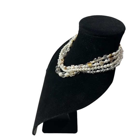 PD Premier Designs White 5 Strand Clear Glass Faux Pearl MOP Bib Necklace 17-21” - Picture 4 of 13